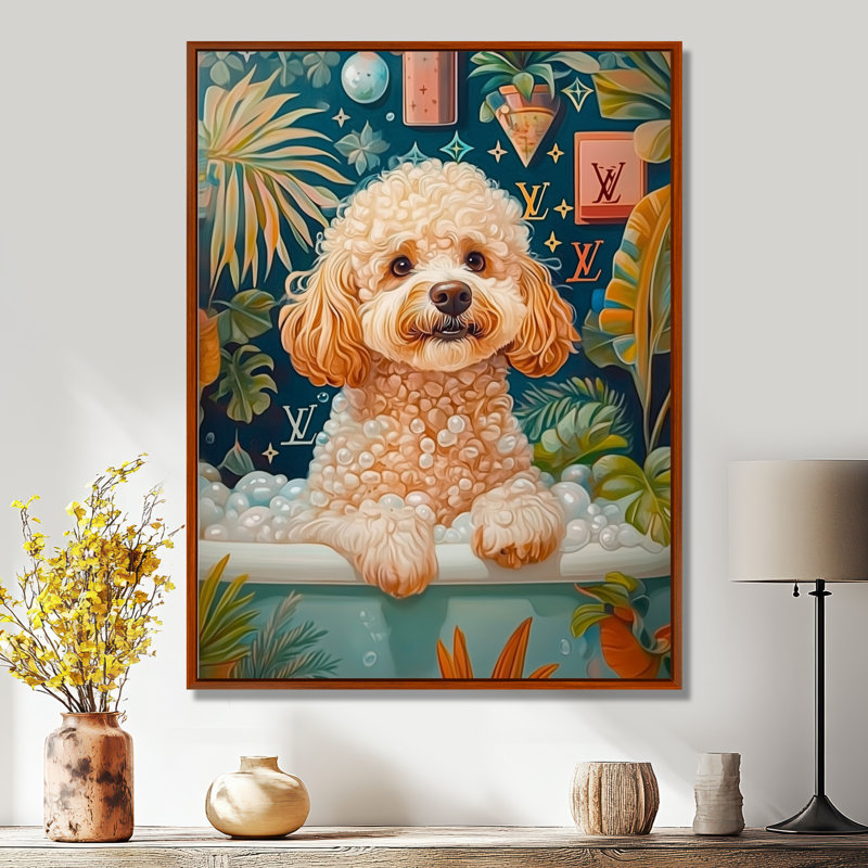 Caniche chien bain temps bulles II - chien Wall Art salon, H 40 po x l 30 po, Cadre flottant brun