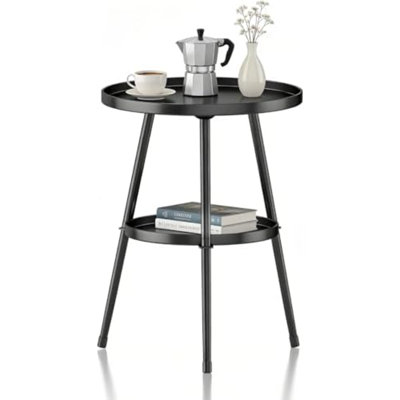 Table d'appoint petite table d'appoint ronde à 2 niveaux en métal noir pour petits espaces salon intérieur extérieur chambre balcon bureau.