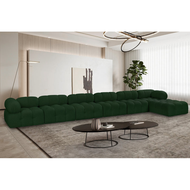 Ames Upholstered Sofa, Green Boucle Fabric, 4 Armless, 2 Corner, 1 Ottoman