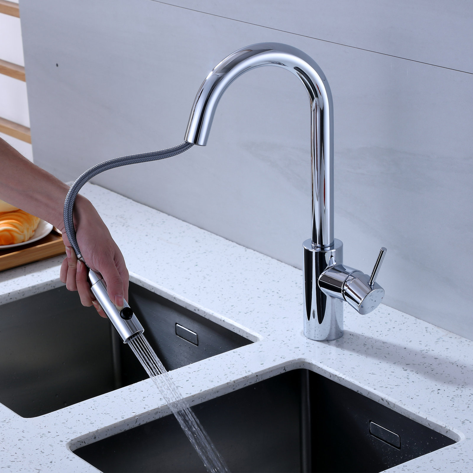Contemporary Pull Down Single Handle Kitchen Faucet with Accessories, Chrome