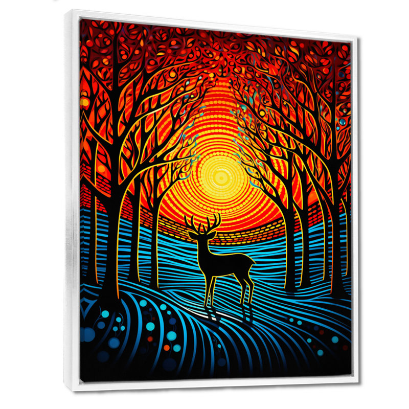 Cerf de Noël au coucher du soleil dans la forêt hivernale - Art mural animal cerf, Toile avec cadre blanc