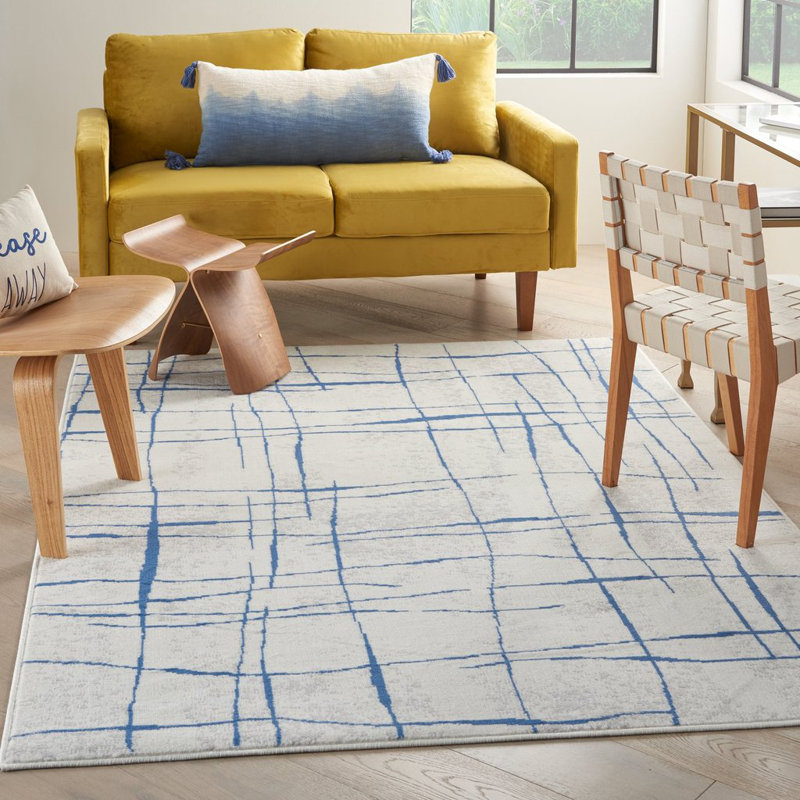 Tapis ivoire et bleu à motifs irréguliers, Rectangle 3 pi x 5 pi