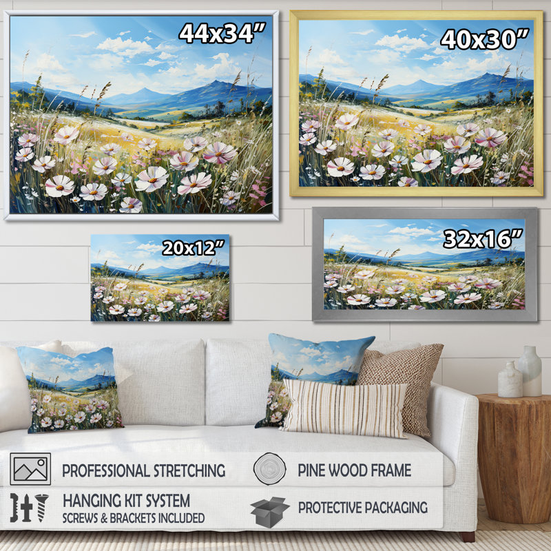 «White Wildflowers Mountain Charm II», reproduction sur toile, Cadre naturel flottant, 30" H x 40" W