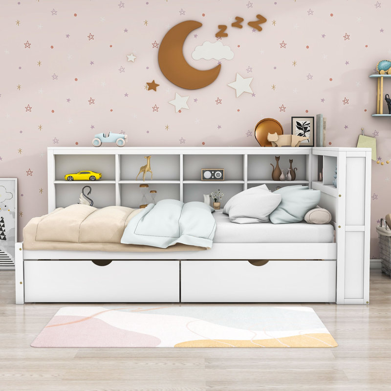 Tou Wood Daybed with 2 Drawers and Shelves, White, Twin