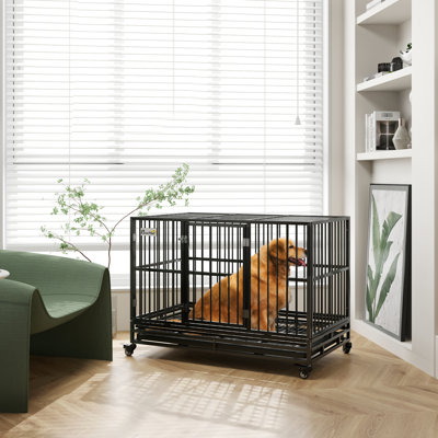 Metal Dog Cage Kennel 48" Heavy Duty, Grey With Lockable Wheels, Double Door And Removable Tray For Large Dogs Kennel, Duty Big Breeds