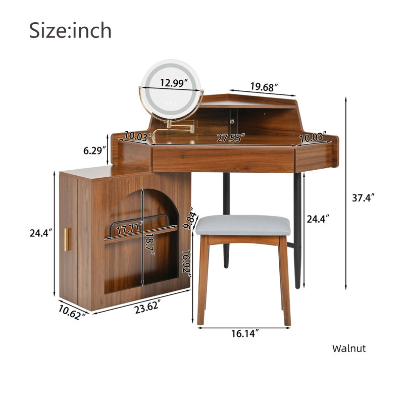 Corner Makeup Vanity with Tri-Fold LED Mirror and Comfy Stool