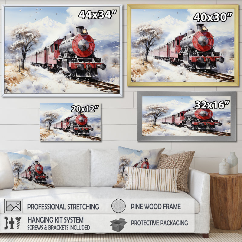 Rouge et blanc, magnifique train de campagne - train, art mural, Cadre doré à coins fermés, H 34 po x l 44 po x P 1,5 po
