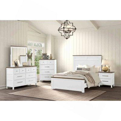 Lit simple 1 pièce en pin blanc de style ferme moderne, cadre de lit à panneaux bicolores