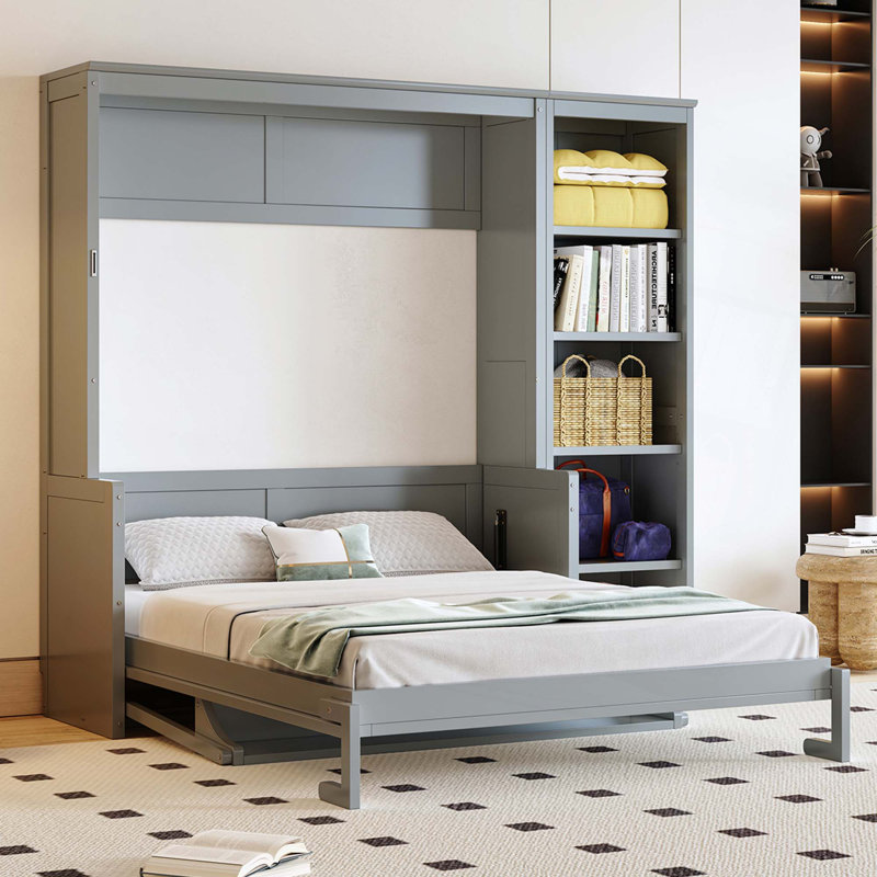 Lit escamotable double avec bureau et bibliothèque, Gray, Lit double