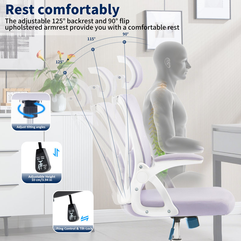 Chaise de bureau ergonomique, chaise de bureau ergonomique avec support lombaire réglable, chaise d'ordinateur en filet de 400 lb à haut dossier avec appui-tête réglable pour le bureau (lavande)