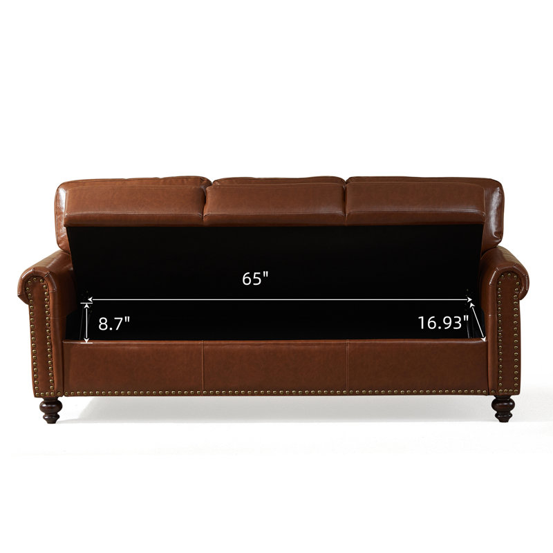 Denardo 80'' Rolled Arm Sofa with Storage, Brown Faux Leather