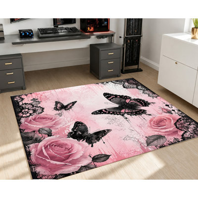 Grand tapis lavable à motif papillon rose, imprimé floral vintage, surface en velours, doux et antidérapant, décoration intérieure moderne pour salon, chambre, entrée, bureau, balcon, appartement