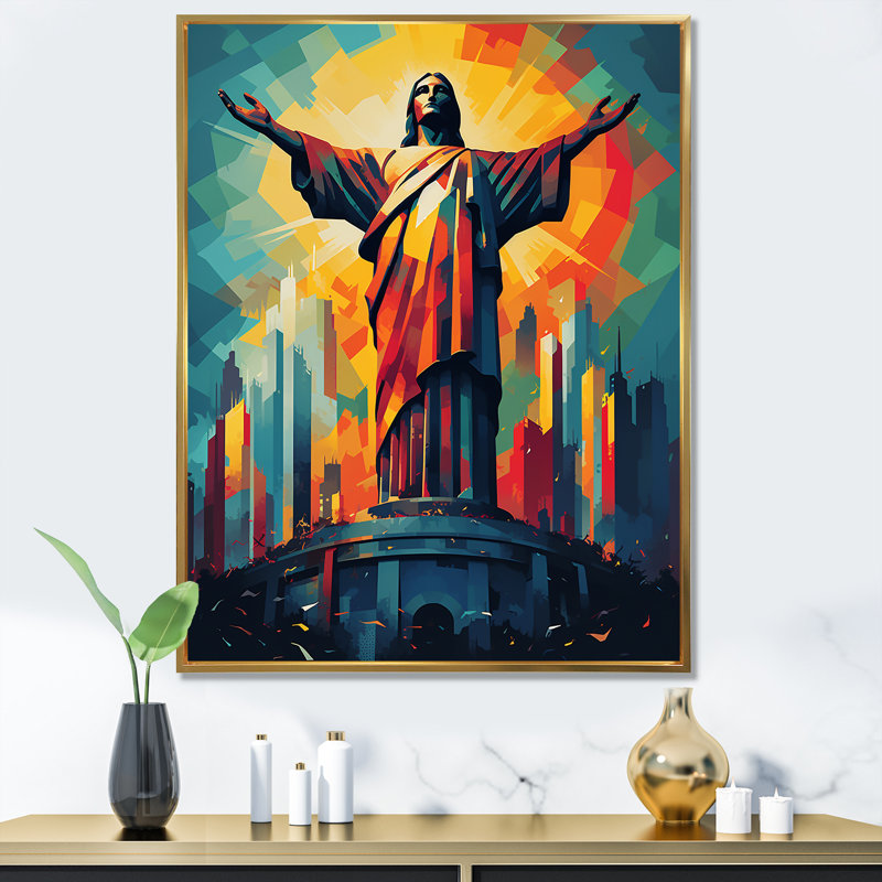 Pop Christ le Rédempteur Rio De Janeiro II - Christianisme, art mural, Cadre flottant doré, 32" H x 16" W