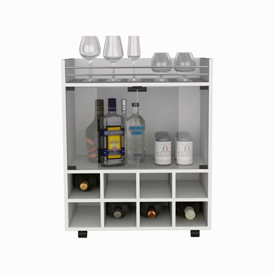 Barre H 32 po - Chariot à café, armoire de cuisine ou de salon avec 4 roulettes, 8 casiers à bouteilles, une tablette centrale recouverte d'une porte en verre, idéale pour ranger des verres et des collations