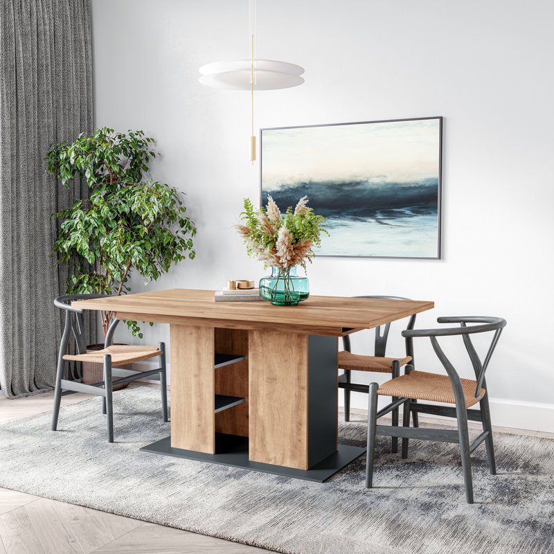 Modern Extendable Dining Table Fidel with Storage Shelves, Self-Storing Leaf Expands 10 Guests, Gold Oak/Graphite