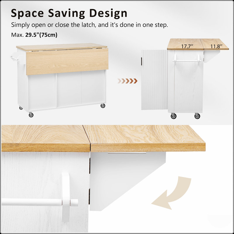 51 Inch Fluted Kitchen Island With Drop Leaf, Farmhouse Accent On Wheels, Internal Storage Rack, And Towel Bar For Versatile Use