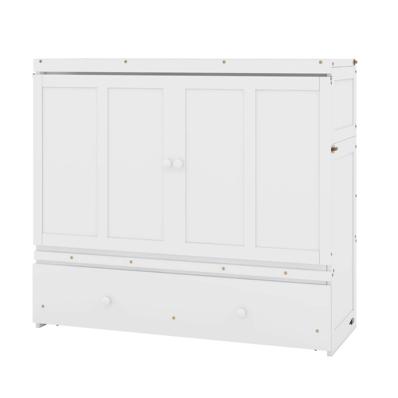 Full Size Murphy Bed, Solid Wood Murphy Bed Frame With USB Port And A Large Drawer, White