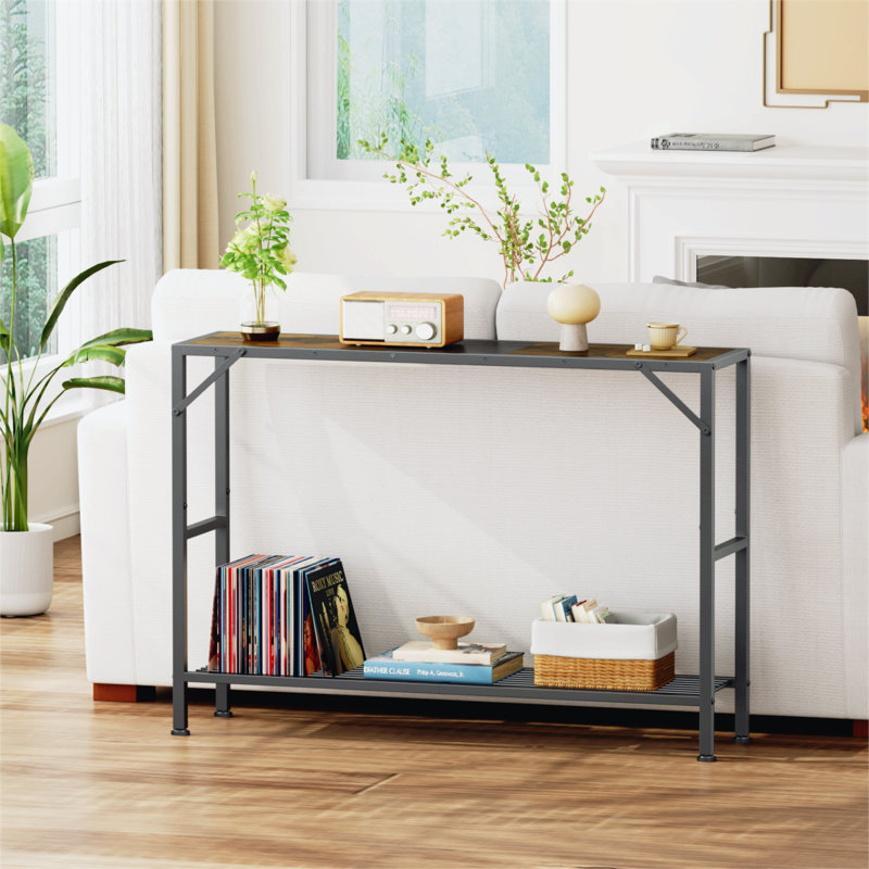 Rustic Brown Slim Wood and Metal Console Table with Storage