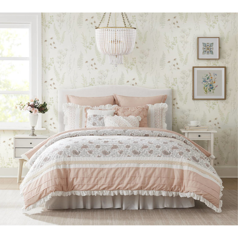 Édredon Dawn Blush King - coton 9 pièces avec bordure en dentelle pour chambre chic, Blush
