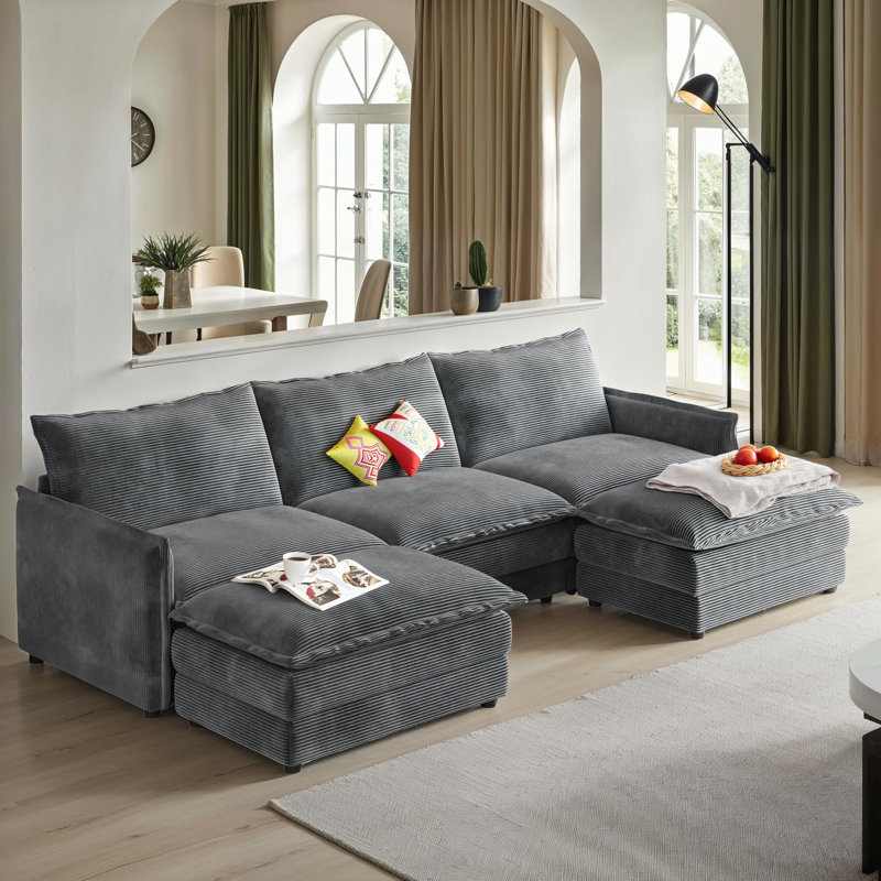 Oversized U-Shaped Sectional Sofa 4-Seater Corduroy Cloud Couch Deep Seat with 2 Movable Footrests, Black Corduroy