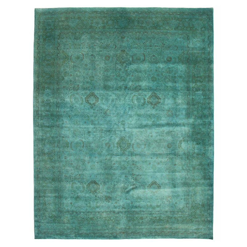 Tapis unique en laine turquoise noué à la main 9 pi 1 po x 11 pi 9 po