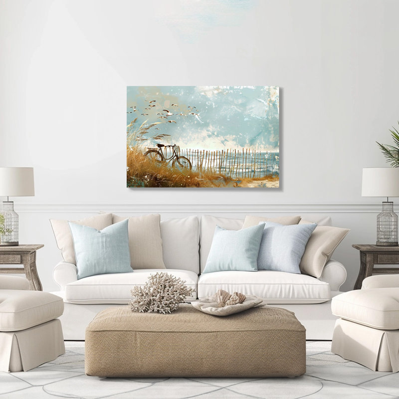 Art mural rétro sur toile bleue avec plage et mouettes - Bord de mer nautique, 20" H x 30" W