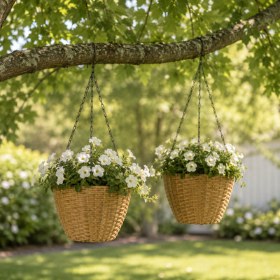 10.6" Resin Wicker Set of 2 Hanging Planters with Steel Frame – Indoor Outdoor Plant Holders with Steel Hangers and PE Liner