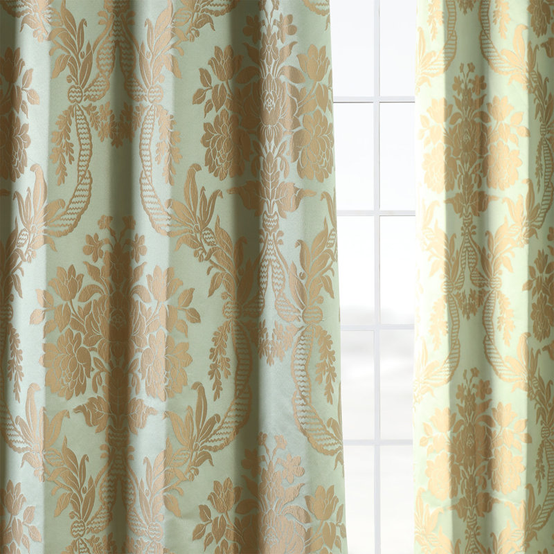 Ballsallagh Floral Faux Silk Room Darkening Curtain Panel, 50" W x 96" L, Magdelena Jade/Gold