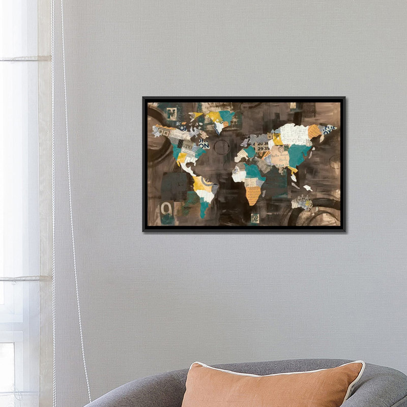 «Golden World on Brown», impression sur toile, H 18 po x l 26 po x P 1,5 po, Toile avec cadre flottant noir, Pas de tapis