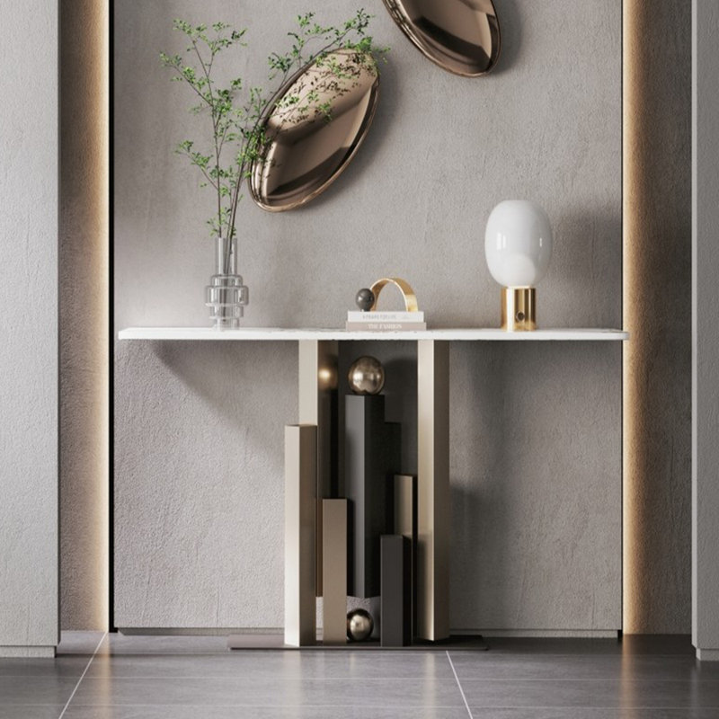 Console moderne en pierre frittée simple, H 33,4 po x l 47,2 po x P 11,8 po, Blanc/Noir, Or/noir
