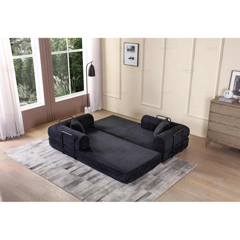 Canapé-lit convertible avec coussin cylindrique - Coussin en velours côtelé avec cadre de forme fixe pour le salon, la chambre à coucher, le salon, le studio - noir