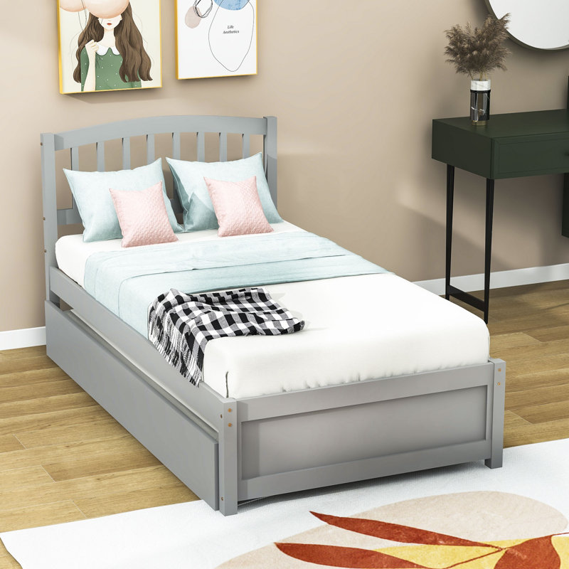 Lit plateforme simple en bois avec lit gigogne, gris