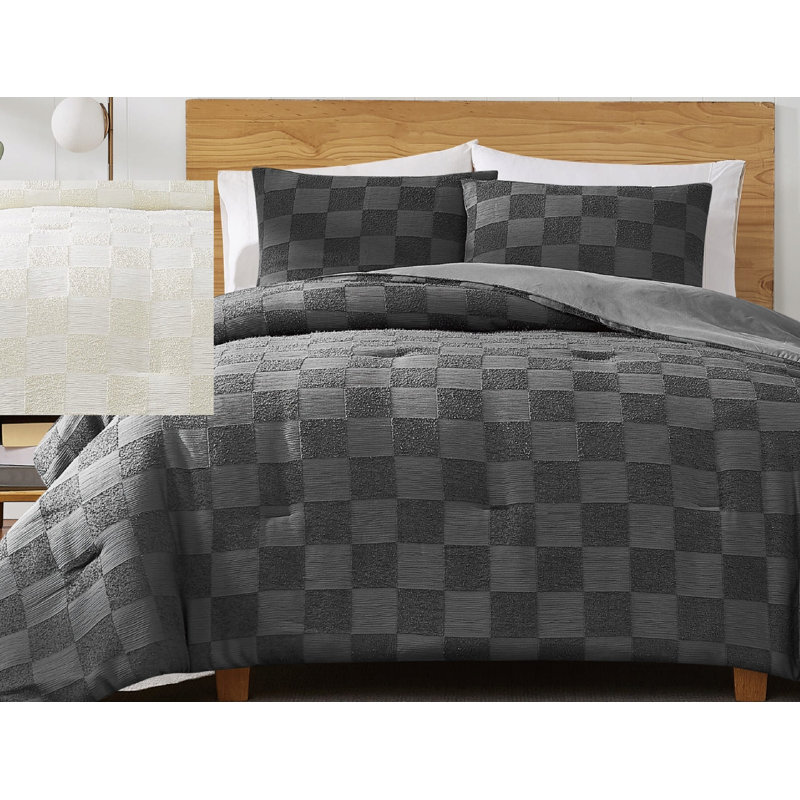 Lora Textured Checkered Duvet Set, Gray, Queen Duvet Cover + 2 Standard Shams