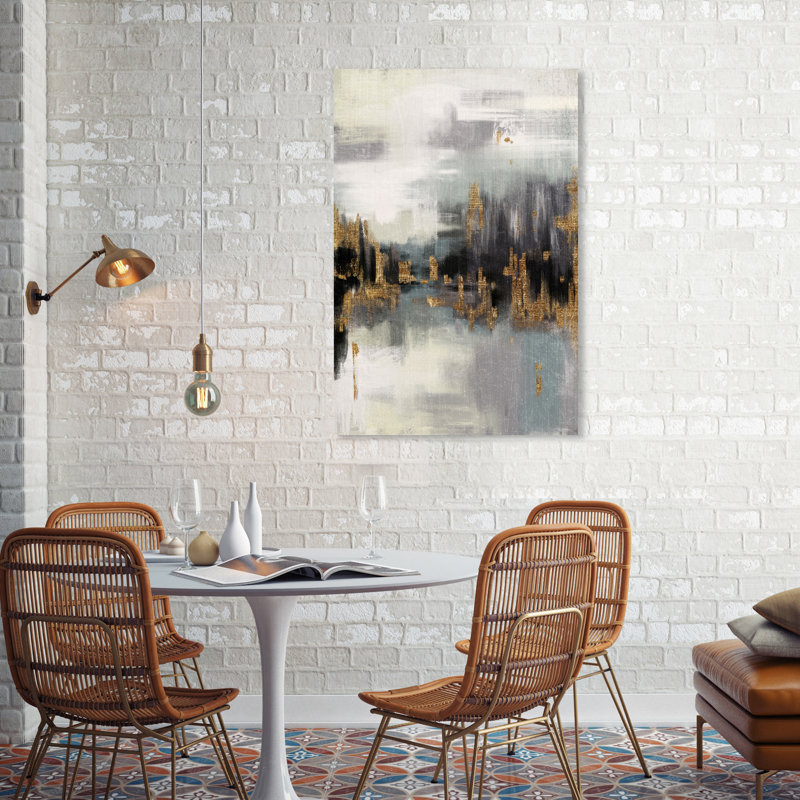 Gold Peaks Landscape, Abstract Mountains Modern Gray - peinture sur toile, Toile tendue, H 36 po x l 24 po x P 1,5 po