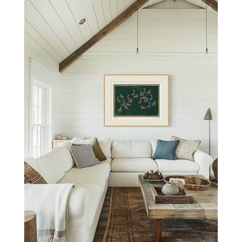 Mod-Ensemble The Deer par ChiChi - impression d'art minimaliste vert foncé avec cerfs | H 24 po x l 32 po | Cadre naturel