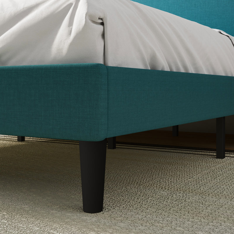 King Platform Bed Frame with Deluxe Wingback Frame / Upholstered with Headboard / Wood Slat Support / Box Spring / Peacock Green