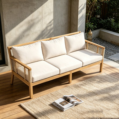 3-Seater Sofa, Outdoor Hand Woven Rope Sofa with Cushions and Pillows