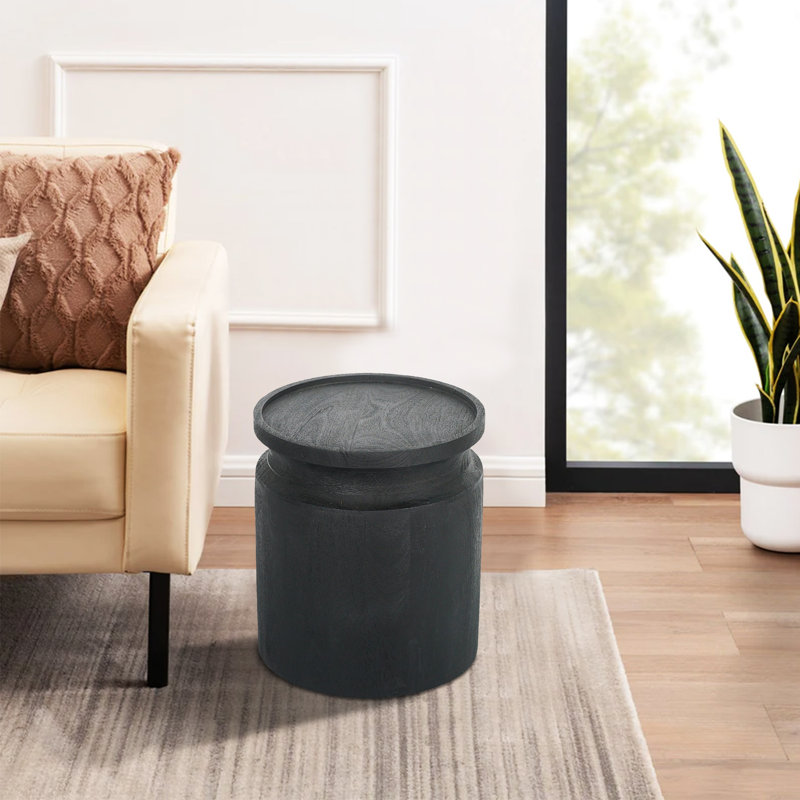 Table de bout latérale de 16 pouces, design moderne en forme de pot cylindrique, bois de manguier, noir, Gris