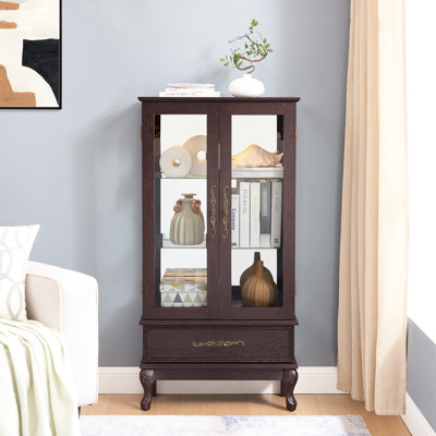 Vitrine en cerisier foncé avec tablettes flexibles, 2 portes, 1 tiroir, illuminé, présentoir de rapport rétro en métal - cerisier, tablettes réglables, ampoule incluse, poignée