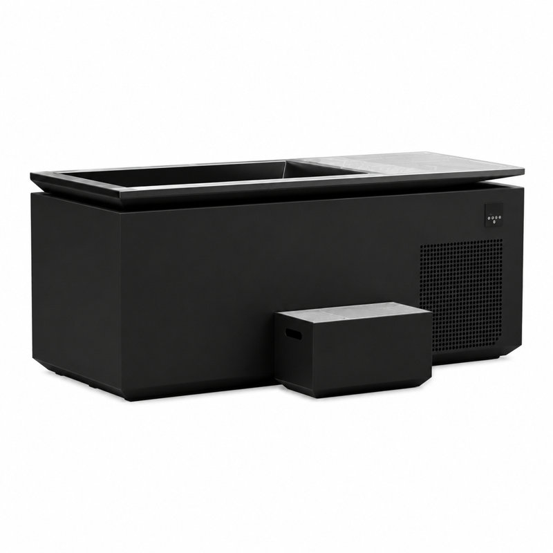 Baignoire froide 1 ch avec refroidisseur d'eau avec pompe de recirculation, baignoire de traitement d'eau froide isolée noire et marchepied assorti