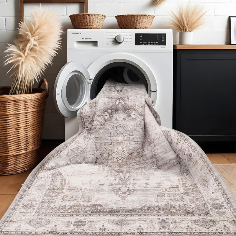 Washable 2x3 Entryway Area Rug - Neutral Kitchen Rug Runner Vintage Soft Floor Mat Non Slip Indoor Farmhouse Carpet for Bathroom Living Room Bedroom (2 X 3, Beige)
