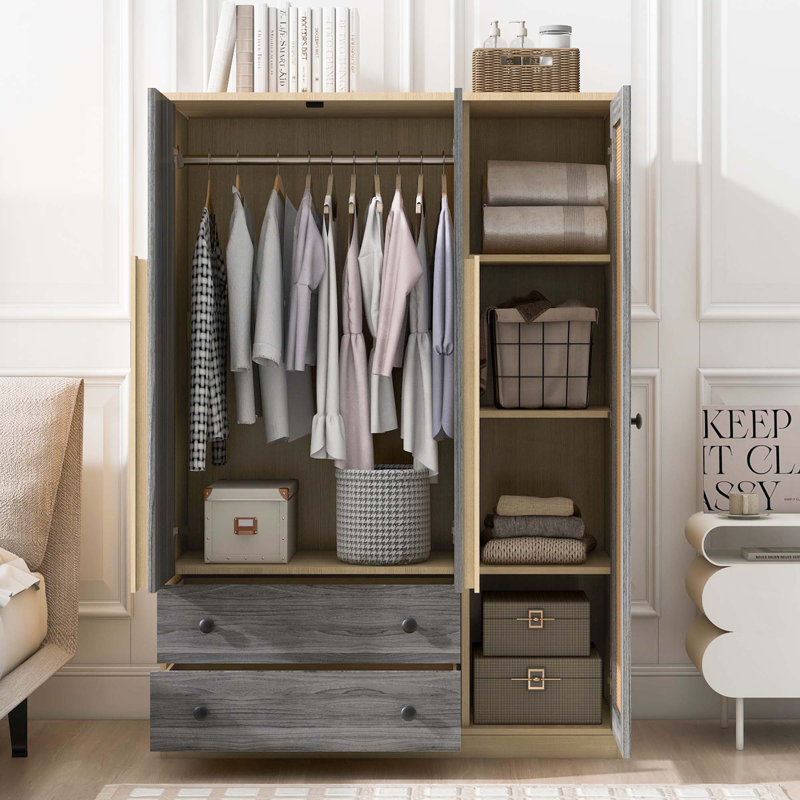 Armoire-penderie 3 portes en bois pour la chambre à coucher, avec 2 tiroirs, Gris naturel