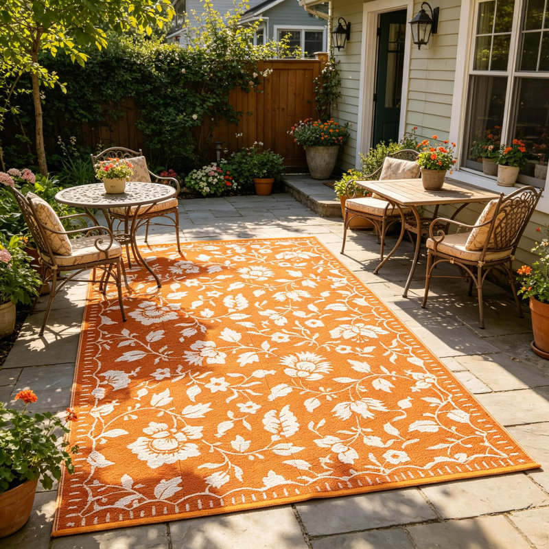 Tapis floral en plastique avec sac pour l'extérieur, Orange, Rectangle 6' x 9'