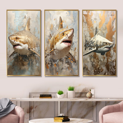 Minimalism Shark Painting In Golden Beige - Shark Wall Art Prints Set Of 3