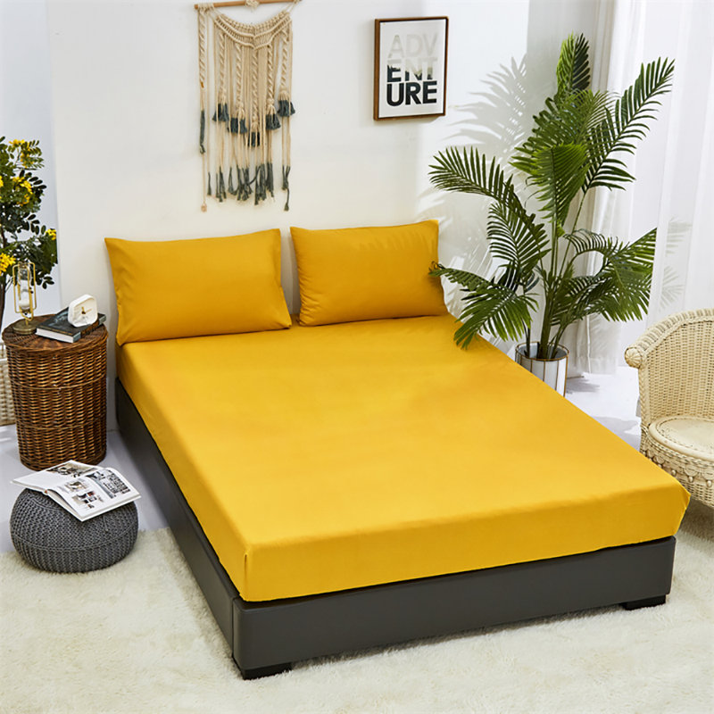 Solid Color Sheet Set 4 PCs Bedding Sheet Set 1 Fitted Sheet 1 Flat Sheet 2 Pillowcases, Mustard Yellow