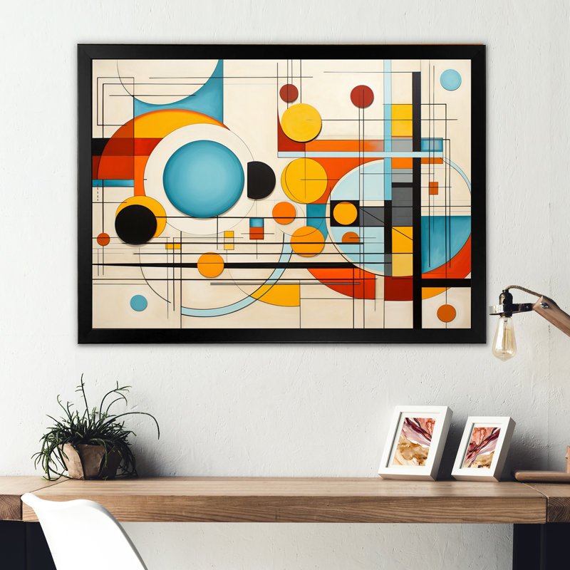 «Orange Blue Mid Century», impression géométrique encadrée sur toile, Cadre simple noir, H 12 po x l 20 po x P 1 po