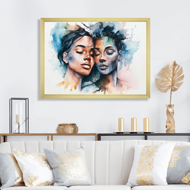«African American Lovers Watercolor», reproduction d'art sur toile, Cadre photo doré simple, H 12 po x l 20 po x P 1 po