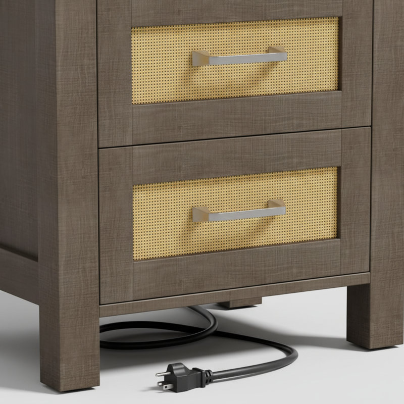 Boho Nightstand With Built-in Charging Station – 2 Ac Outlets, Usb-a & Usb-c, Dual Drawers & Open Shelf, 2, Gray 
