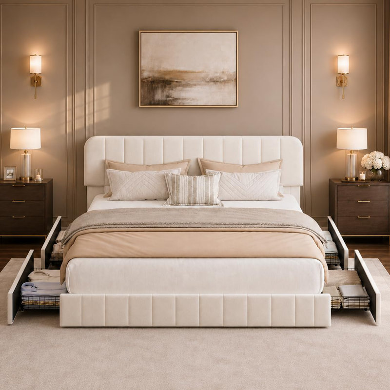 Cadre de lit en velours King Size avec 4 tiroirs et tête de lit ajustable