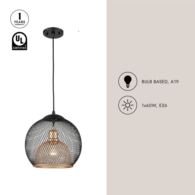 1 - Light Single Globe Pendant, Black, 11.5" H x 12" W x 12" D
